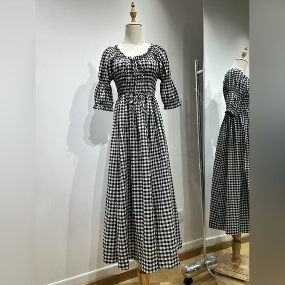Doen Ischia shirred gingham cotton-voile midi dress - Picture 4 of 8
